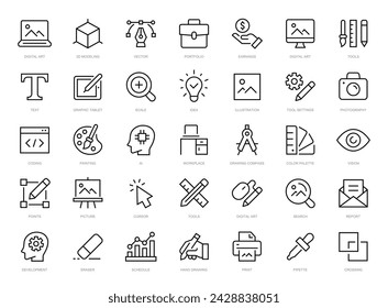 Graphic design thin line icons set. Graphic design editable stroke icons. Vector illustration. Digital art, Creativity, Tools, Drawing, Portfolio, Idea icon.