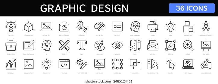 Graphic design thin line icons set. Graphic design editable stroke icons. Vector illustration. Digital art, creativity, drawing, portfolio, idea symbol