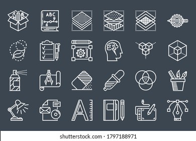 Graphic Design Thin Line Related Icons Set on Black Background. Simple Mono Linear Pictogram Pack Stroke Vector Logo Concept for Web Graphics. Editable Stroke. 48x48 Pixel Perfect. Vector illustration
