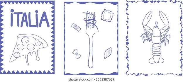 Design gráfico com três elementos: a palavra "ITALIA" com uma fatia de pizza, um garfo girando massa e uma ilustração de lagosta. Conceito de cozinha italiana, frutos do mar e cultura culinária