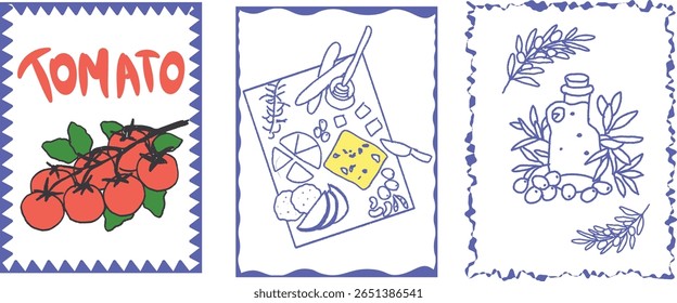 Graphic design with three illustrations: a cluster of tomatoes, a cheese platter with olives and bread, and an olive oil bottle with sprigs of olive leaves. Concept of Mediterranean cuisine and fresh 