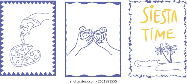 Design gráfico com três ilustrações: uma fatia de pizza sendo puxada, duas mãos segurando bebidas com um texto alegre "SIESTA TIME" e uma cena relaxante de praia com palmeiras. Conceito de relaxamento 