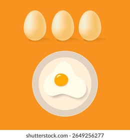 Graphic design of three whole eggs and one sunny-side-up or fried egg on a plate, on orange background. 