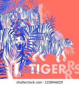 Graphic design with tigers standing, walking and roaring among the exotic leaves and trees. Vector art isolated on the coral colored background