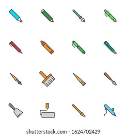 Graphic design tool filled outline icons set, line vector symbol collection linear colorful pictogram pack. Signs logo illustration, Set includes icons as pen tool, knife, painting roller, paint brush