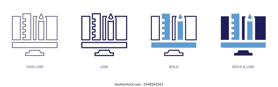 Icono de herramienta de Diseño gráfico en 4 estilos diferentes. Línea delgada, línea, negrita y línea negrita. Estilo duotono. Trazo editable.