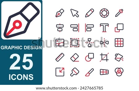 graphic design tool icon set with 2 line color modern style. contains pen,pencil,cursor,move tool,color circle,flip vertical,flip horizontal,mirror tool,grid,ruler,eraser,shape.