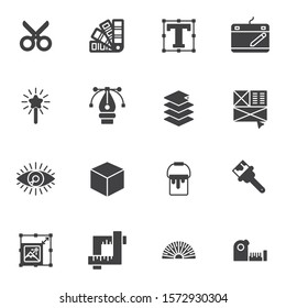 Graphic design tool vector icons set, modern solid symbol collection, filled style pictogram pack. Signs, logo illustration. Set includes icons as scissors, color palette, text font size, pen tool