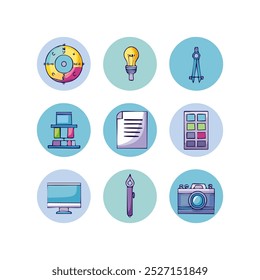  Graphic design tools color icons set. Vector illustration.