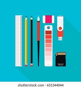 Graphic Design Tools. Flat design. Vector illustration. Ruler, pen, pencil, eraser, palette, flash drive, memory card.