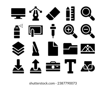 Grafikdesign-Tools Icon Pack in Glyph Style. Perfekt für Websites, Landing Pages, Mobile Apps, Präsentationen und andere Projekte. Geeignet für Benutzerschnittstelle und Benutzererlebnis UI UX.