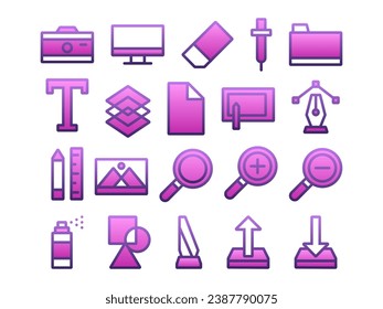 Graphic Design Tools Icon Pack in Gradient Two Tone Style. Perfect for Websites, Landing Pages, Mobile Apps, Presentations, and Other Projects. Suitable for User Interface and User Experience UI UX.