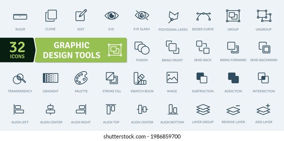Paquete de iconos de herramientas de diseño gráfico. Iconos de línea delgada configurados. Conjunto de colección de iconos plano. Iconos vectoriales simples