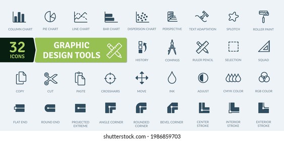 Paquete de iconos de herramientas de diseño gráfico. Iconos de línea delgada configurados. Conjunto de colección de iconos plano. Iconos vectoriales simples