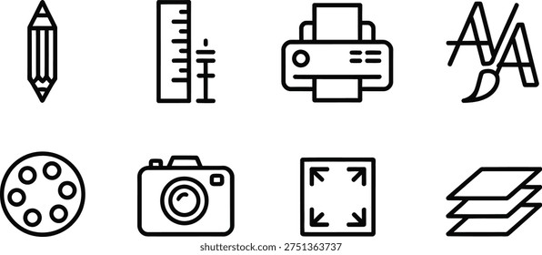 Graphic design tools line icon set including pencil ruler printer camera crop palette and layers outline vector icons