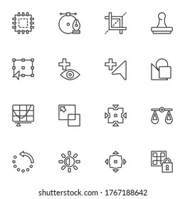 Graphic Design tools line icons set, outline vector symbol collection, linear style pictogram pack. Signs logo illustration. Set includes icons as pen tool cursor, select size element, layers, crop