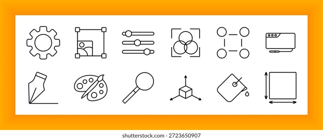Grafik- und Design-Tools setzen Symbol. Umfasst Zahnrad, Schieber, Farbpalette, Lupe, Würfel, Pipette, Stift, Layout und Messplatz für kreative Benutzeroberfläche.