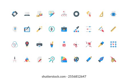 Graphic design tools and software for art creation, creative portfolio of creator color icon set. Tablet and designers project, shapes, magic wand and scissors flat elements vector illustration