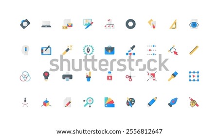 Graphic design tools and software for art creation, creative portfolio of creator color icon set. Tablet and designers project, shapes, magic wand and scissors flat elements vector illustration