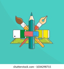Graphic design tools vector illustration including pen, brushes, pencil, ruler, color swatch and eraser