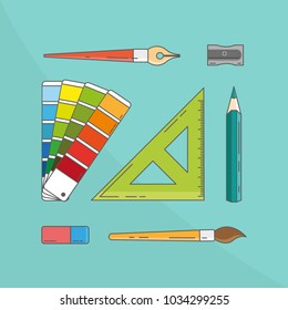 Graphic design tools vector illustration including pen, brushes, pencil, ruler, color swatch, eraser and pencil sharpener