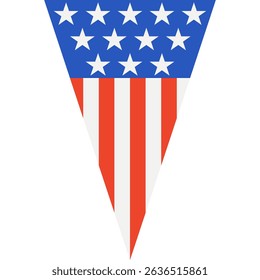 Graphic design of triangular pennant with American flag theme for Independence Day celebration. Clipart image isolated on background.