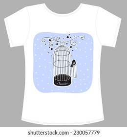 Graphic design for t-shirt. Bird tweeting, vector illustration. 