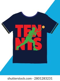 A graphic design tshirt features a vibrant silhouette of a tennis player midswing with bold red lettering spelling out TENNIS