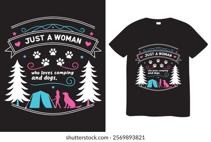 A graphic design for a t-shirt featuring a woman and dog camping.