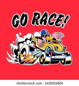 Graphic design for t-shirt. Flamingo driving a hot-rod. Vector graphics.