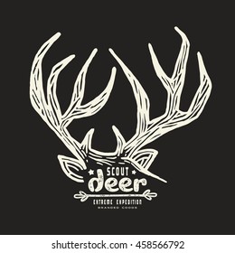 Graphic design for t-shirt with a image of deer horns. White print on black background