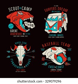 Graphic design for t-shirt with the image skulls of animals and surfer bus. Color print on black background