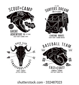 Graphic design for t-shirt with the image skulls of animals and surfer bus. Black print on white background