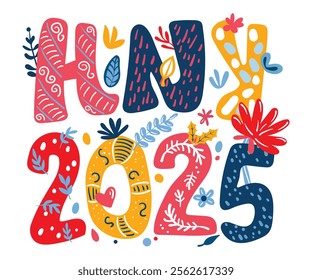 Graphic Design for T-shirt in New Year 2025 theme on a white background.