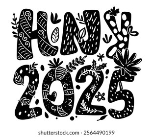 Graphic Design for T-shirt in New Year 2025 theme on a transparent background.