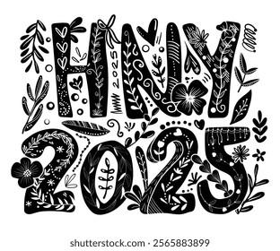 Graphic Design for T-shirt in New Year 2025 theme on a transparent background.