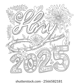 Graphic Design for T-shirt in New Year 2025 theme on a white background.