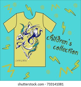 Graphic design of a T-shirt with a print. "Capricorn" vector. Children's collection. Typographical design.