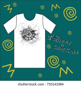 Graphic design of a T-shirt with a print. "Globe, card." Vector. Children's collection. Typographical design.