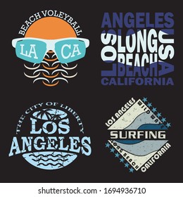 Graphic design for t-shirt. Set. Print for sports t-shirt. Long Beach. Los Angeles, CA. Beach Volleyball. Surf. Sunglasses, sunrise and ocean waves are shown. Vector.