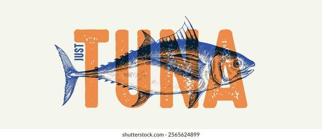 Graphic design of tuna with text. Vector illustration