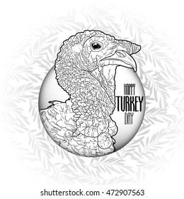 Graphic design with turkey head drawn in line art style. Thanks giving day vector art in black and white colors. Coloring book page design for adults and kids