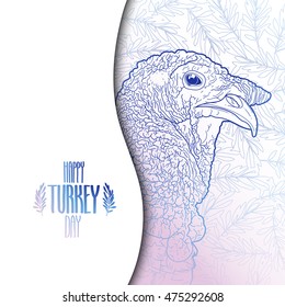 Graphic design with turkey head drawn in line art style. Thanks giving day vector art in pink and blue colors