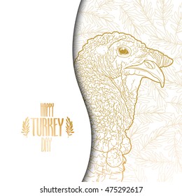 Graphic design with turkey head drawn in line art style. Thanks giving day vector art in golden colors.