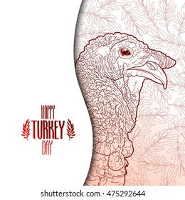 Graphic design with turkey head drawn in line art style. Thanks giving day vector art in red colors.