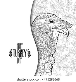 Graphic design with turkey head drawn in line art style. Thanks giving day vector art in black and white colors. Coloring book page design for adults and kids