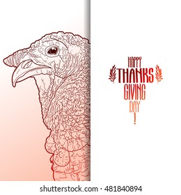 Graphic design with turkey head drawn in line art style. Thanks giving day vector art in red colors.