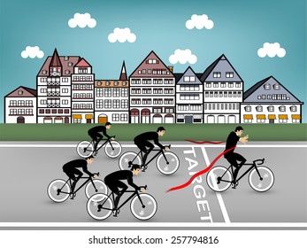 graphic design vector of business man cycling race on the road to target in city town, business success graphic design concept
