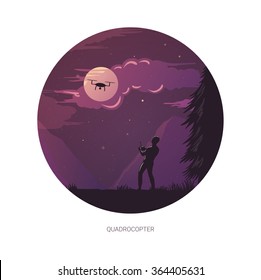 Graphic design vector circle illustration of person operating quadroopter at moon night