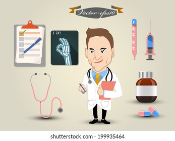 graphic design vector of doctor and his accessories medical equipment such as checklist stethoscope thermometer